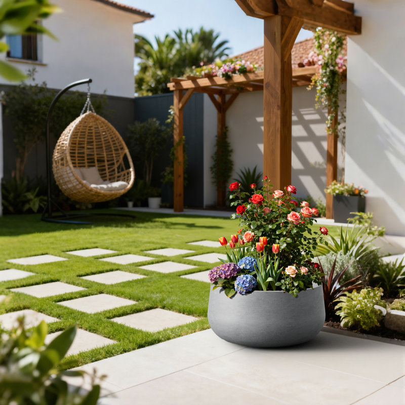 20 po. Béton rond en ciment (intérieur amélioré) avec pot d'intérieur / extérieur Outdoro, H 10 po x l 20 po x P 20 po