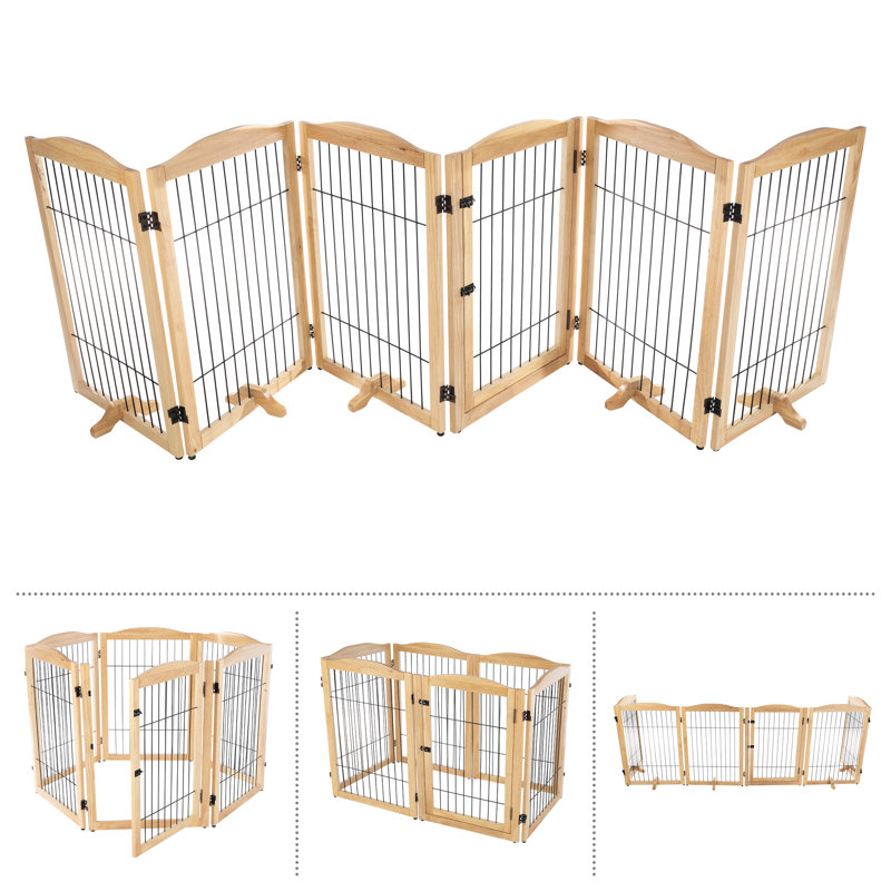 Natural Wood and Metal Freestanding Pet Gate, 132.5x31.5-Inch