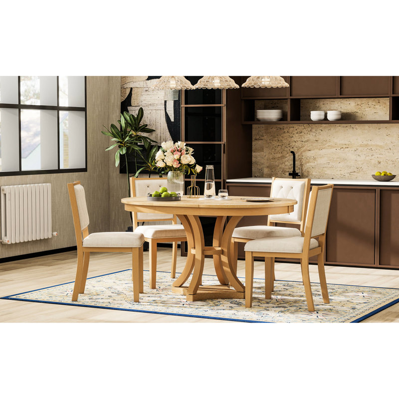 5 pièces pour la salle à manger et le salon, table extensible 4 chaises assorties, structure en bois massif, support de confort rétro avec finition rembourrée ronde extensible naturelle, conception adaptable, facile à entretenir