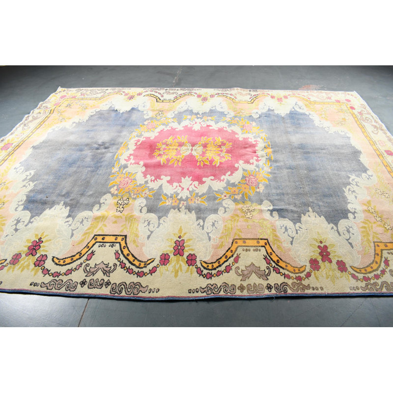 Tapis turc rétro tissé à la main à motif floral - idéal pour décorer le salon
