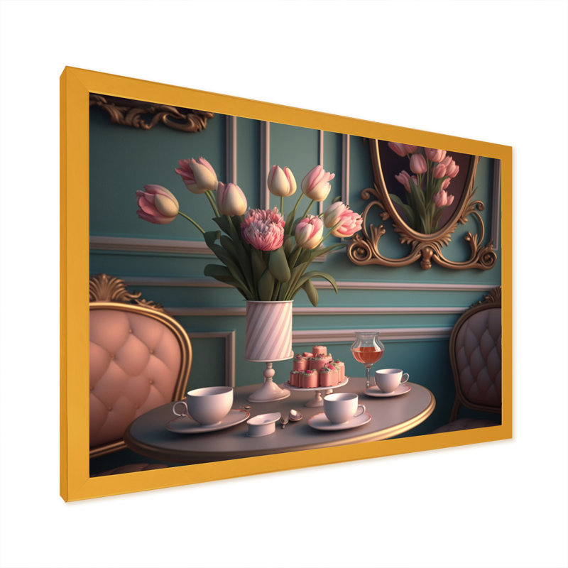 "Tulipes roses en fleurs" à l'intérieur de Roccoco III, Cadre doré à coins fermés, H 16 po x l 32 po x P 1 po