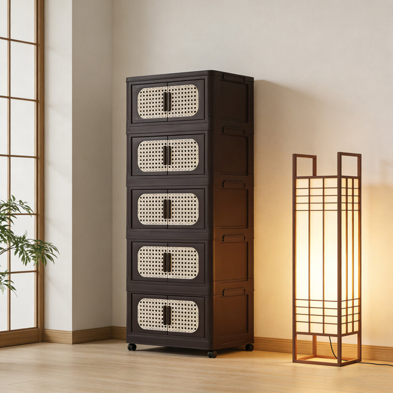 Retro Brown 20 Inch Wide Folding Storage Cabinet with 5 Tiers and Magnetic Doors, Perfect for Organized and Stylish Home Storage Solutions