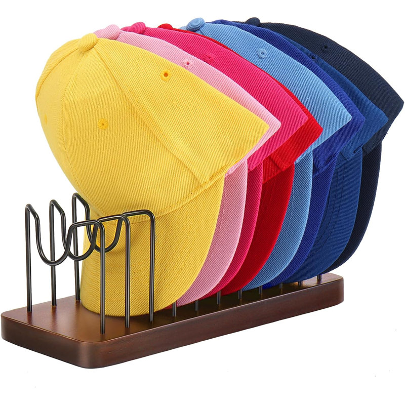 Brown Wood and Metal Hat Rack Stand for 10 Baseball Caps
