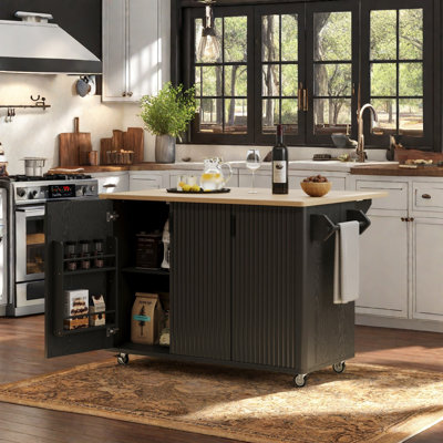 51" Fluted Kitchen Island with Drop Leaf and Rolling Cart on Wheels by Latitude Run