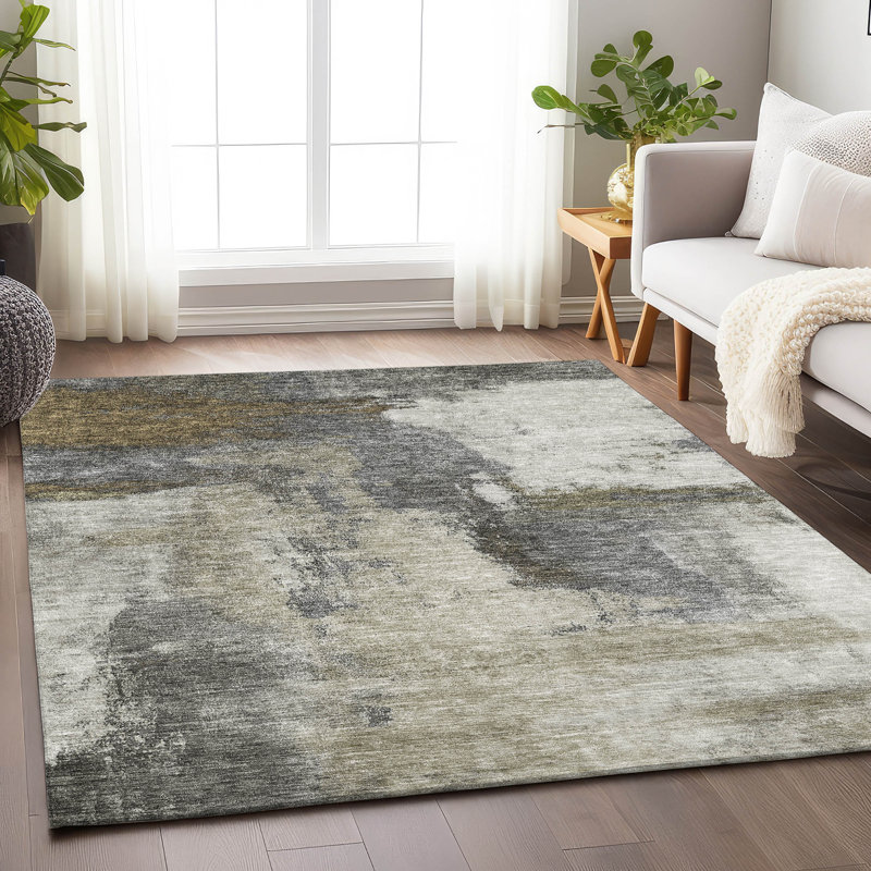 Red Abstract Washable Synthetic Rectangular Rug 3' x 5'