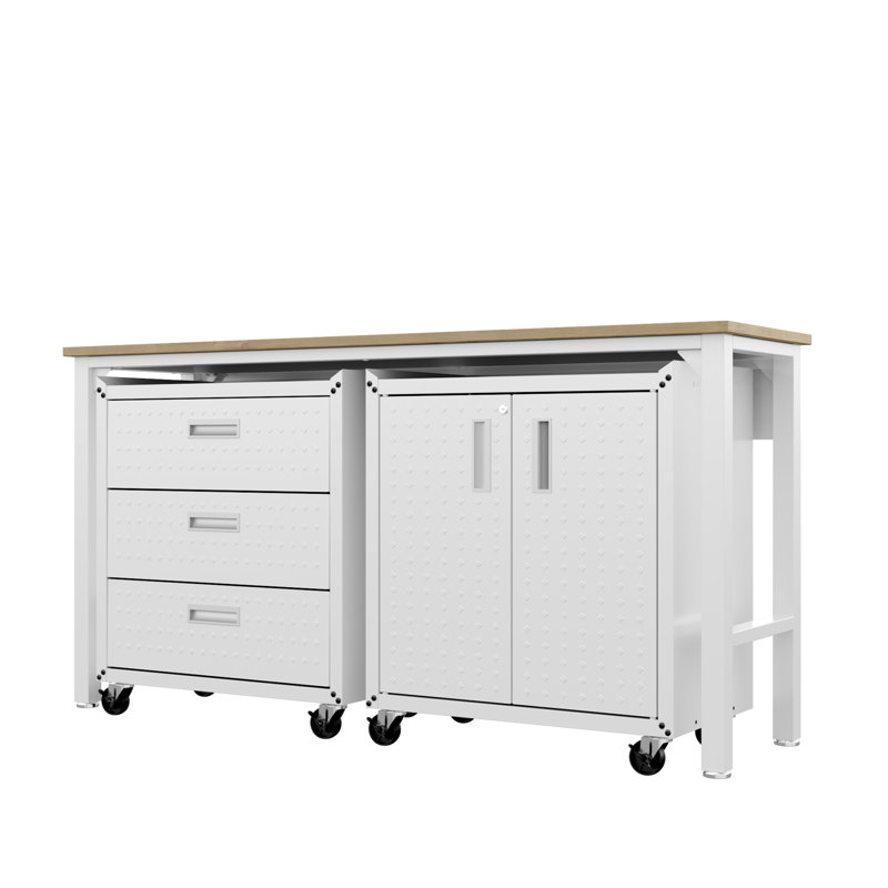 Établi blanc l 72,4 po x P 20,5 po Fortress avec deux armoires de rangement mobiles, Blanc