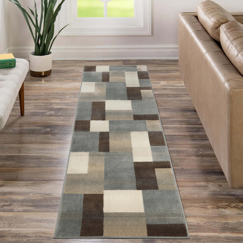 Tapis gris beige en polypropylène avec revers en jute Benne, Tapis de couloir 2 pi 7 po x 12 pi