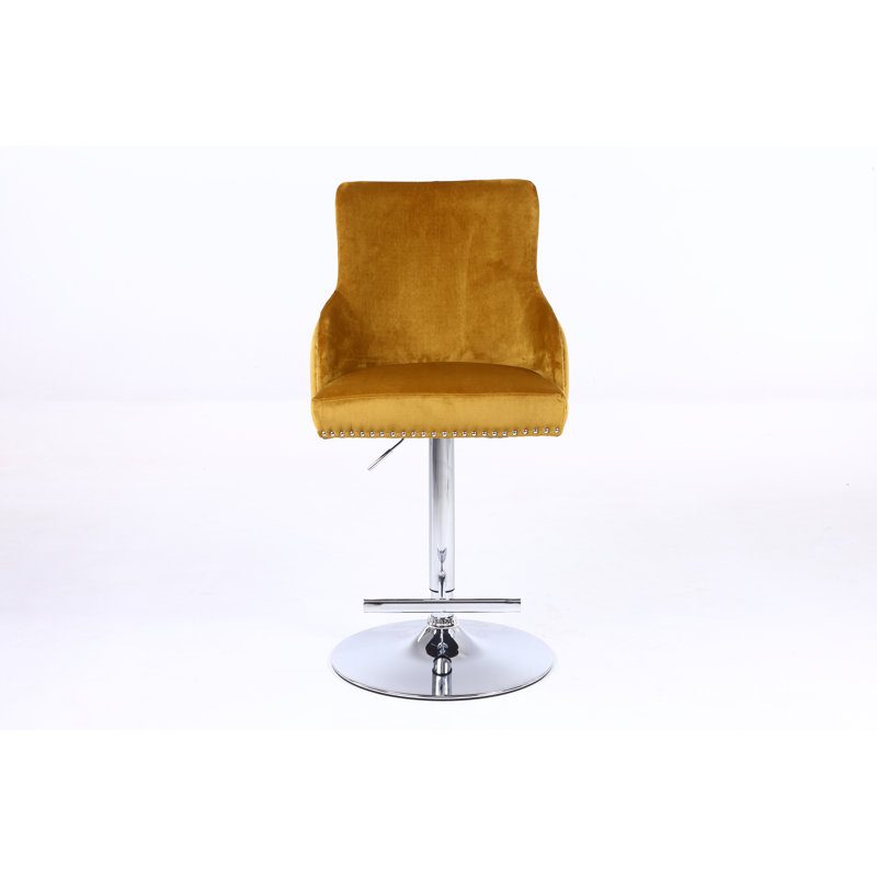 Swifton Swivel Upholstered and Velvet Adjustable Height Bar Stool with Stainless Steel Frame, Mustard