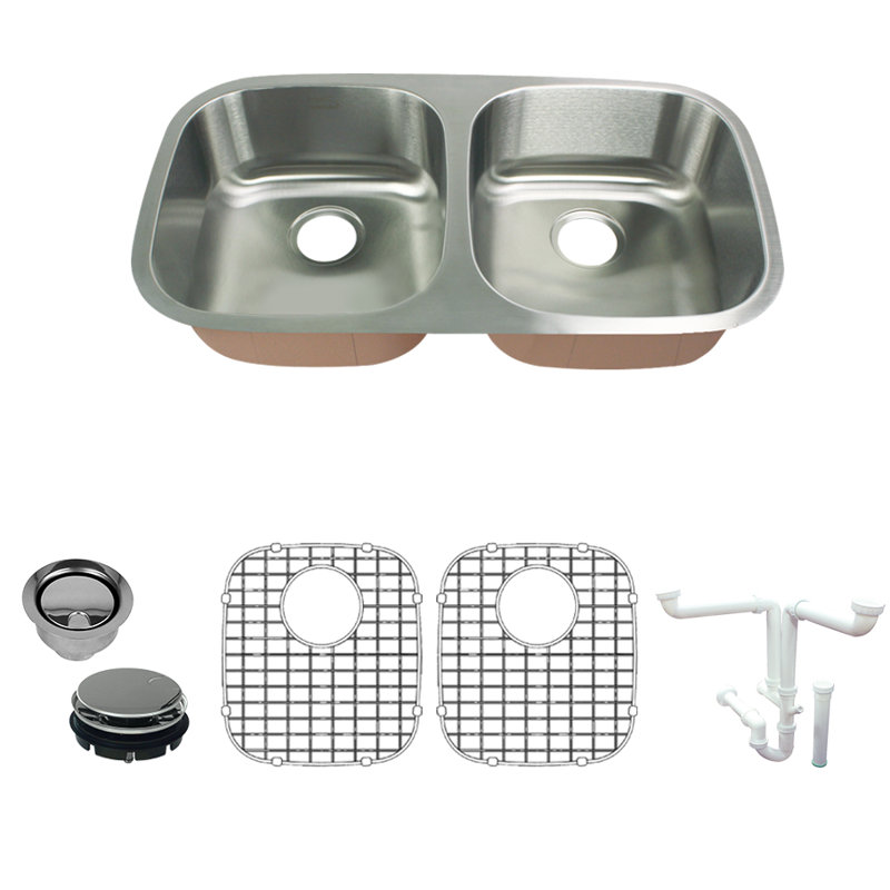 Classic 32'' L Double Bowl Stainless Steel Kitchen Sink, 32" L x 18" W x 5" H