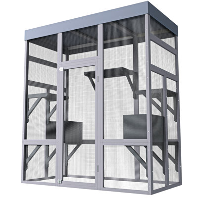 62.6" Gray Wooden Cat Enclosure For Outdoor Living, Waterproof Roof, 2 Napping , Platforms, Rust - Wire, Secure And Stable Backyard, Gray, Spots, Mult