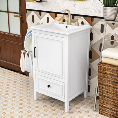 Meuble-lavabo contemporain en bois avec lavabo en céramique lisse, porte à fermeture en douceur et tiroir de rangement