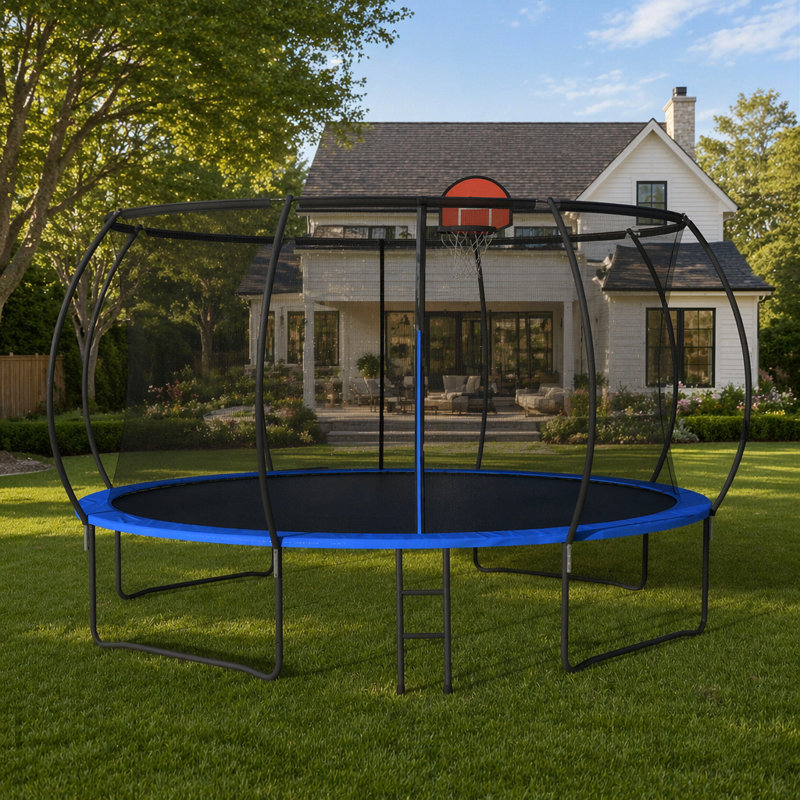 Trampoline citrouille de 14 pi avec panier de basketball, filet d'enclos et échelle pour un jeu extérieur sécuritaire et amusant