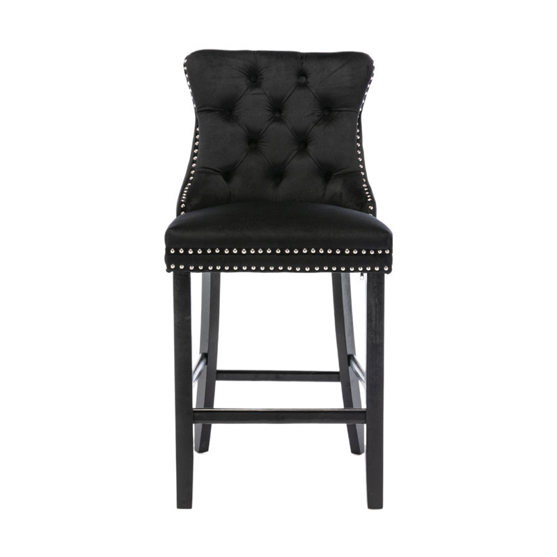 Black Velvet Upholstered Bar Stools with Wood Legs, Set of 4