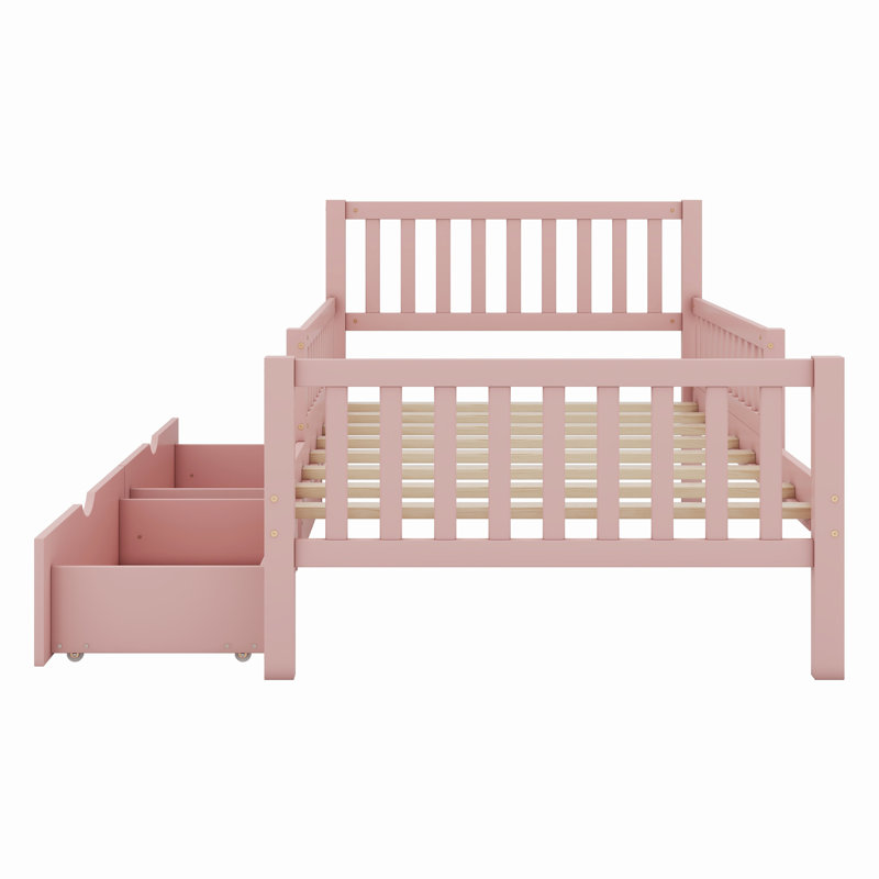 Lit plateforme en bois avec garde-corps des deux côtés et des tiroirs, Lit simple, Rose
