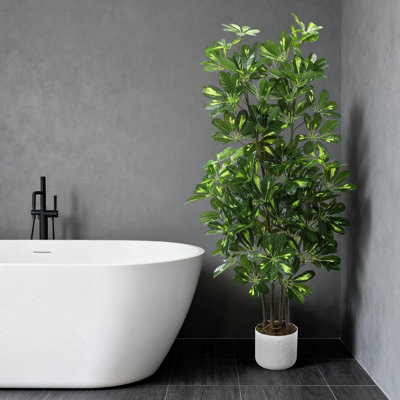 Artificial Umbrella Tree Plant, 4 ft Tall Faux Schefflera Tree in Black Pot, Large Fake Potted Decorative Plant for Indoor Home Office Decor, Housewarming Gift