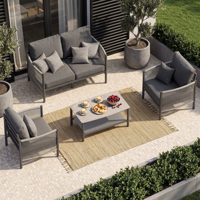 Ensemble de conversation bohème 4 pièces en aluminium pour patio extérieur avec coussin de 15 cm, causeuse, 2 fauteuils et table basse