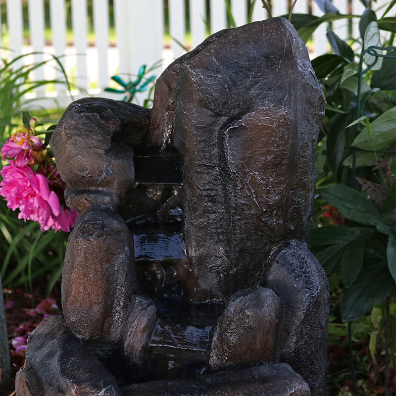 Rock Falls Rustic Gray Polyresin Solar Water Fountain with LED Lights