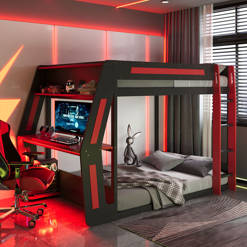 Lit superposé en bois avec bureau Adella, éclairage RVB et chargement USB, Rouge
