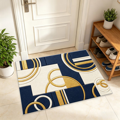 Tapis à motif de cercles géométriques bleu marine pour le salon, doux et confortable, convient à toutes les saisons, facile à entretenir, tapis de sol intérieur lavable à la machine, ferme sous la table adaptée pour la chambre à coucher, la salle à manger, le bureau, le patio, le balcon, la décoration intérieure
