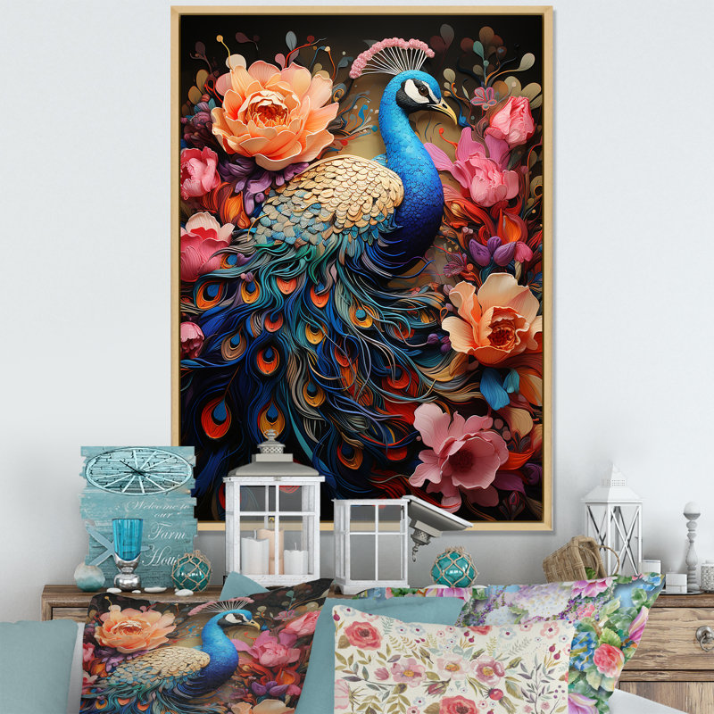 «Majestic Blooming Plumage Peacock III», reproduction sur toile, Cadre flottant naturel, H 32 po x l 16 po x P 1 po