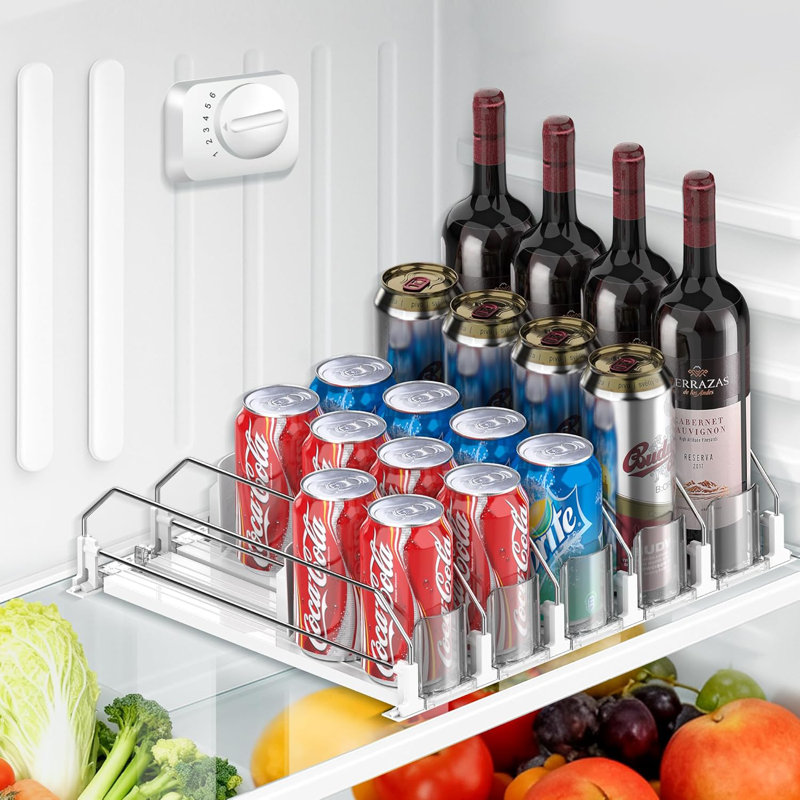 Organisateur de boissons pour réfrigérateur, distributeur de boissons amélioré pour réfrigérateur, glissière à poussoir automatique, 12 oz 16 oz - distributeur de canettes pour réfrigérateur - peut contenir jusqu'à 20 canettes - 5 rangées blanc