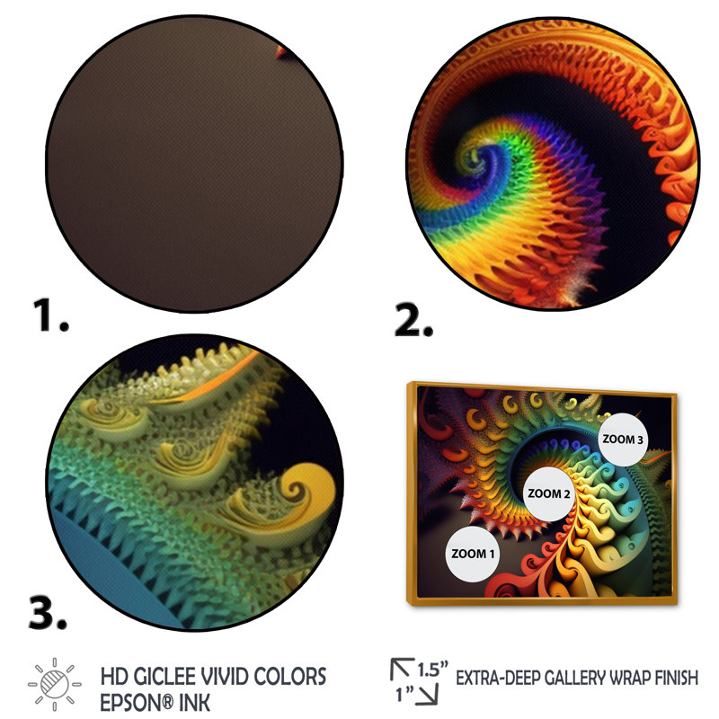 «White Fractal Spiraling I», art mural moderne sur toile géométrique, L 20 po x H 12 po, Cadre flottant doré