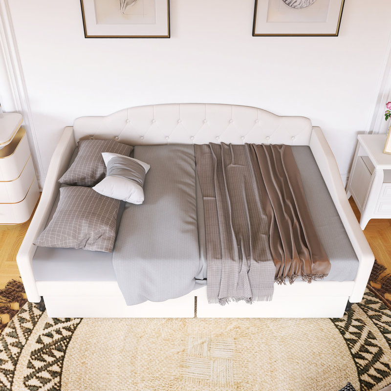 Wood Frame  Upholstered Tufted Daybed With Two Drawers