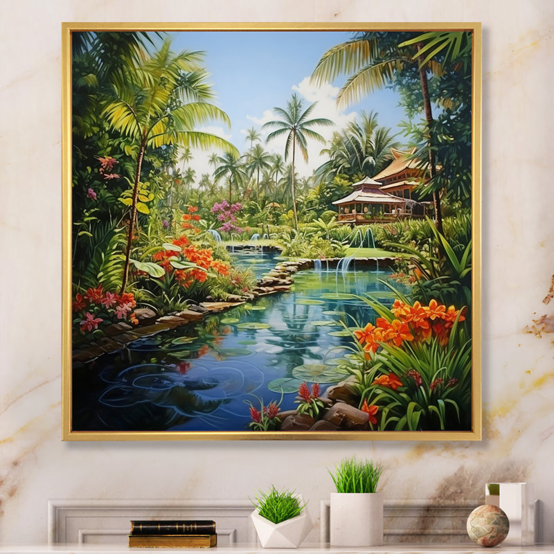 Bali Bliss Landscape II - Art asiatique, art sur toile, Cadre flottant doré, H 30 po x l 30 po x P 1 po