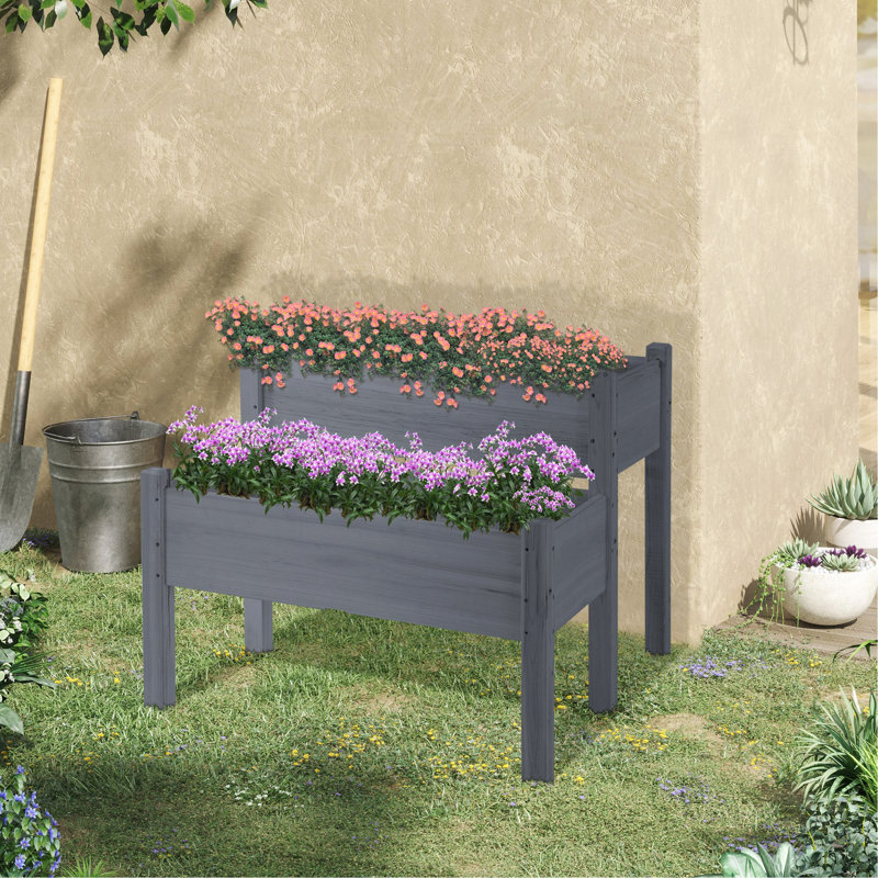 Lit de jardin surélevé, boîte à fleurs surélevée à 2 niveaux pour jardin, patio pour cultiver des légumes, des herbes et des fleurs, gris