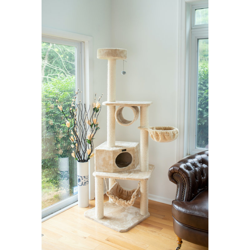 Beige Multi-Level Faux Fur Cat Tree with Sisal Posts
