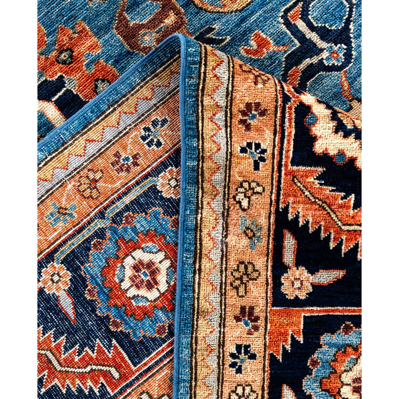 Tapis unique noué à la main Raffin - bleu, 9 pi 10 po x 13 pi 9 po Raffin