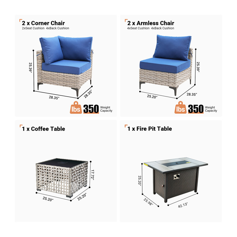 6- Piece Outdoor Patio Furniture Set with Fire Pit Table, All - Weather Wicker, Thick Padded Cushions, Sectional Sofa & Chairs for Garden, Backyard & Patio