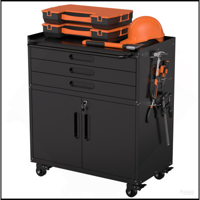 34.3" Rolling Metal Tool Cabinet - Heavy Duty Garage Storage with Lockable Doors & 3 Drawers, Mobile Workbench Organizer for Garage, Workshop, Home