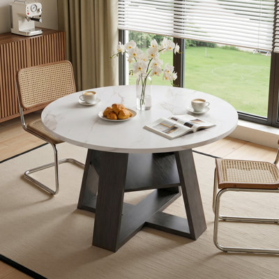 43.3" Modern Wood Grain Round Dining Table with Storage Shelf, Trestle Base Dining Room Table for 4 pepole