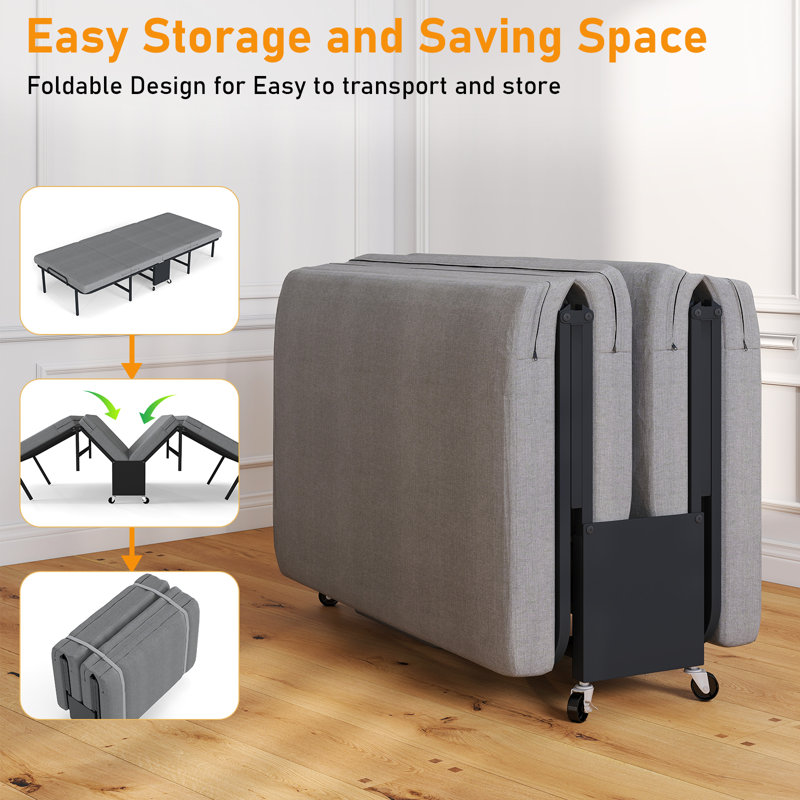 Folding Bed with Mattress for Adults, Twin Size, Portable Foldable Roll Away Bed on Wheels, Memory Foam Mattress and Super Strong Frame, Space Saving Fold Up for Easy Storage