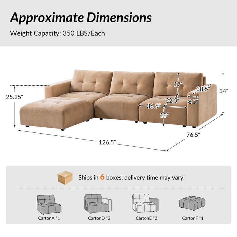 Esme 126" Modern Oversized Modular Sofa with Chenille Fabric and Memory Foam Cushions, Camel