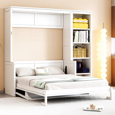 Lit escamotable double avec bureau et bibliothèque, blanc