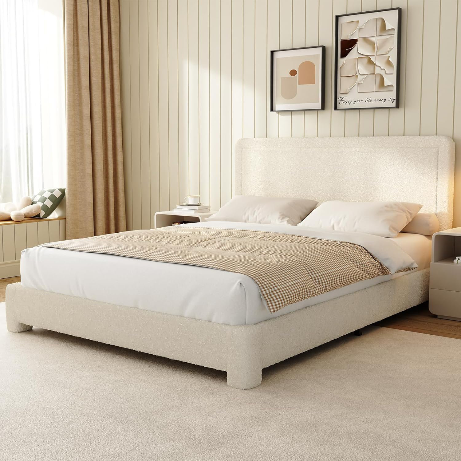 Ebern Designs Boucle Bed Frame, Upholstered Cloud Bed Frame, Platform Bed Frame With Headboard, Modern Cream Bed Frame | Wayfair