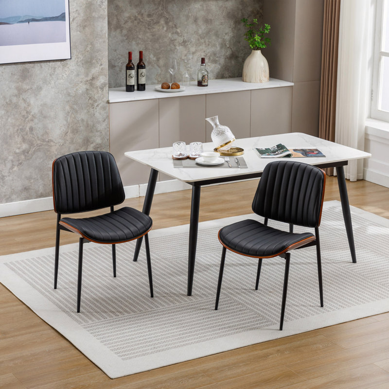 Dining Chairs Set Of 2 Mid Century Modern Retro Faux Leather Chair With  Bentwood Upholstered Seat Metal Legs Adjustable Foot For Kitchen Dining Room Chairs