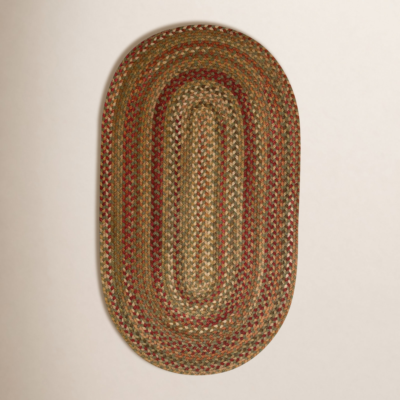 Red Brown Green Braided Striped Rug, Oval 5' x 8'