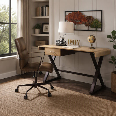Bureau d'écriture rectangulaire en aluminium avec dessus en patchwork doré et base en tréteaux Danton
