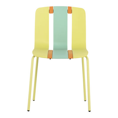 Ensemble de 4 chaises rayées intérieures / extérieures avec blocs colorés en plastique et métal beige, orange, blanc. Confort ergonomique, effet visuel tendance, style simple pour les pieds rayés