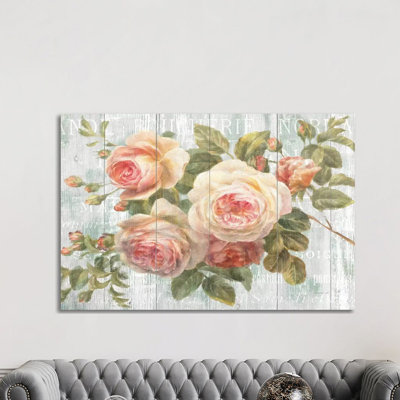 Vintage Roses On Driftwood by Danhui Nai - Painting on Canvas