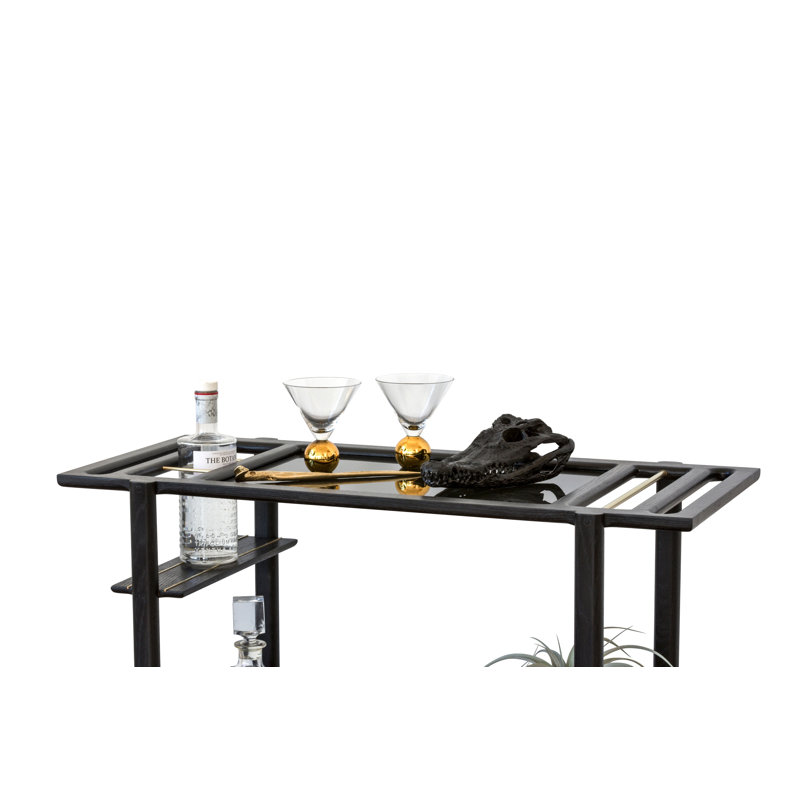 Solid Wood Bar Cart with Wheels, Ebonized Oak/Brass