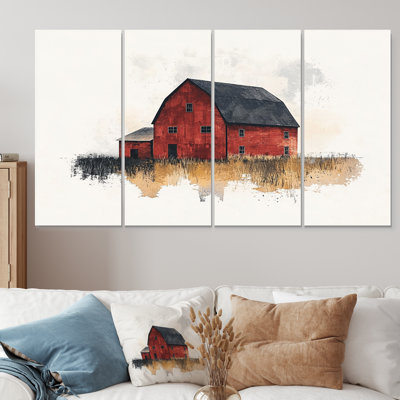 Paysage de grange rustique rouge et noir I - ensemble d'art mural de ferme