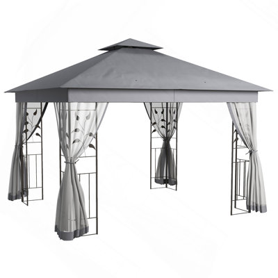 10' X 11. 5' Metal Patio Gazebo, Double Roof Outdoor Gazebo Canopy Shelter With Tree Motifs Corner Frame And Netting,