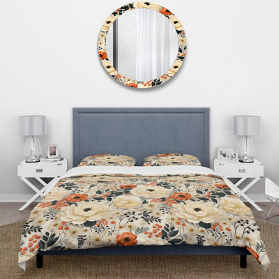 Vintage White Boho Floral Garden Delights III Box Stitch Floral Duvet Cover