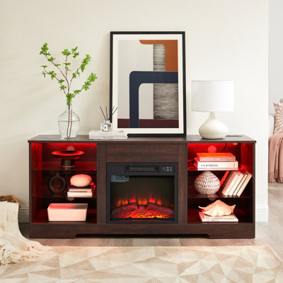 Meuble télé avec foyer électrique et trous pour la gestion des câbles - l 58 po x H 24,4 po x P 15,5 po, télévision jusqu'à 62 po, cloison en verre à finition noire 15,5 po x P 24,4 po, foyer 1400 W