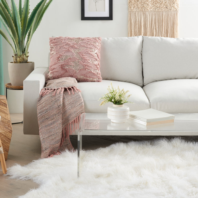 Blush Pink Faux Fur Sequins 20" Square Throw Pillow