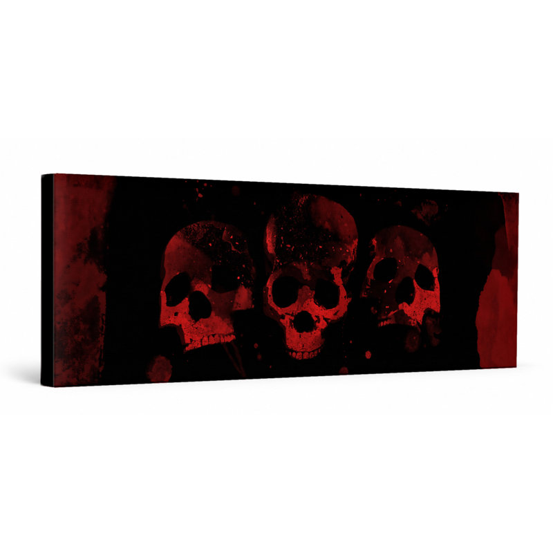 Trois crânes en rouge - art mural sur toile panoramique, 60" W x 20" H